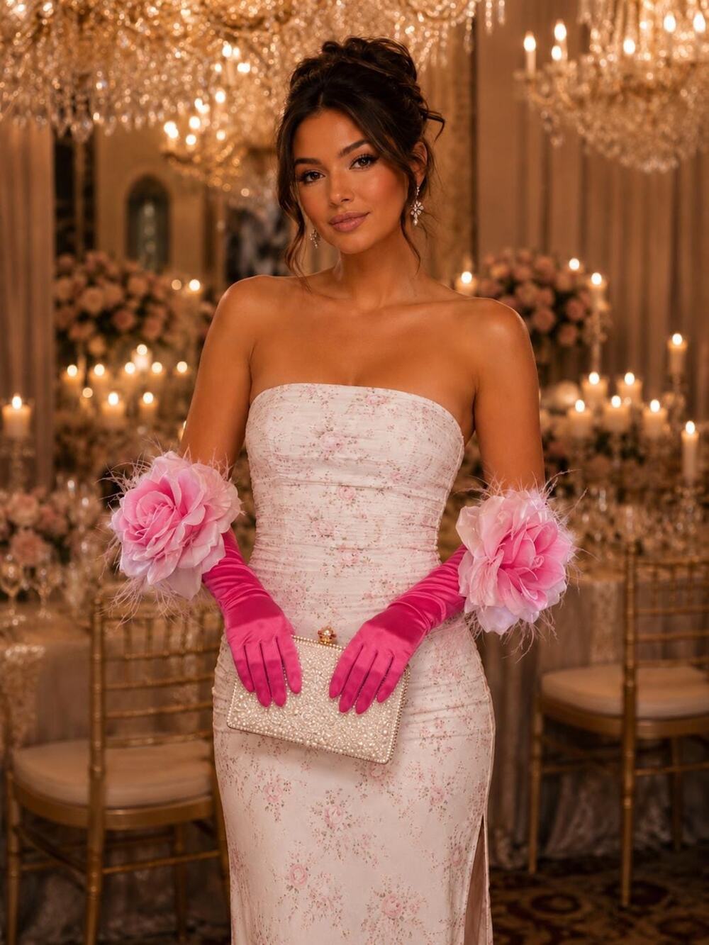 Bright Pink Satin Opera Gloves, Oversized Rose Ostrich Feather Accent, Formal